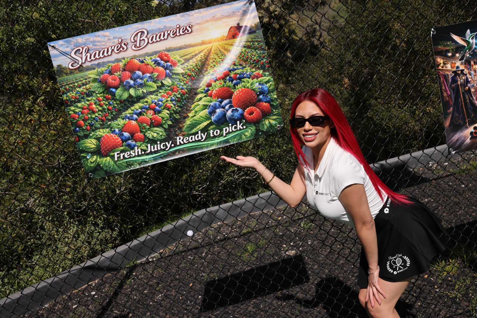 A cast member with her parody produce-stand sponsor banner at the Stripchat House tournament