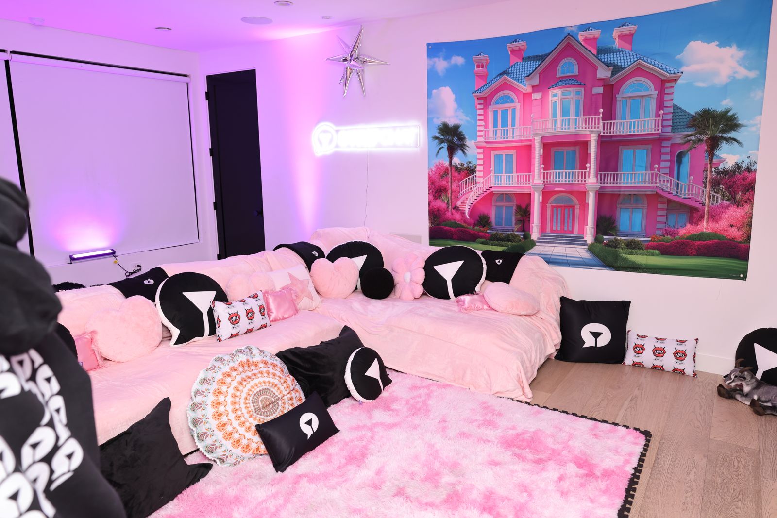 The empty Barbie-themed pink bedroom inside the Stripchat House Hollywood mansion, dreamhouse backdrop and branded pillows ready