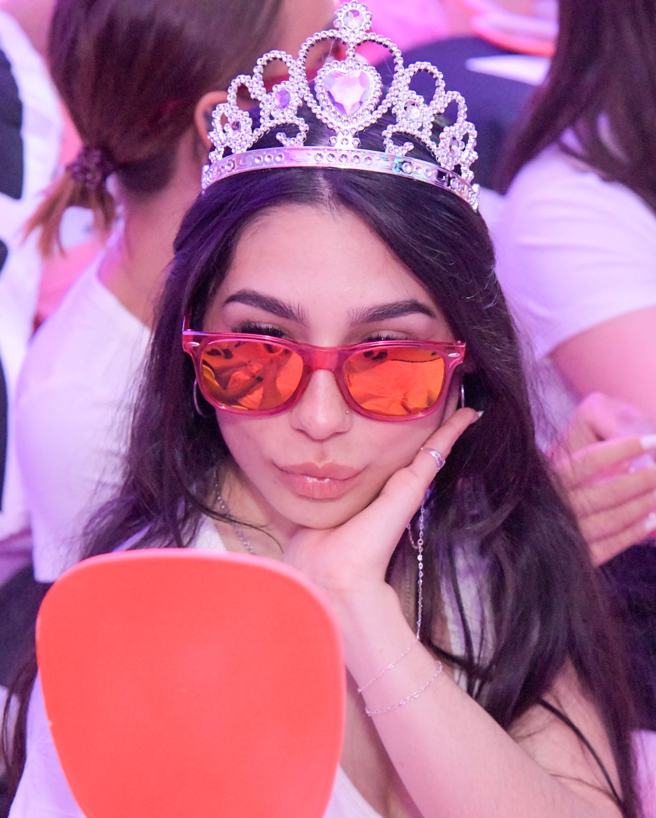 The Barbie-themed slumber party in the pink room at the Stripchat House, tiaras and gift bags included